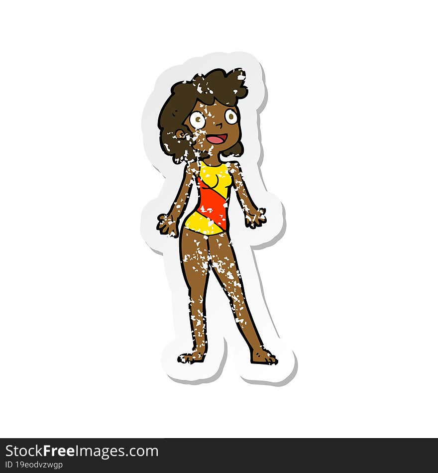 retro distressed sticker of a cartoon woman in swimming costume