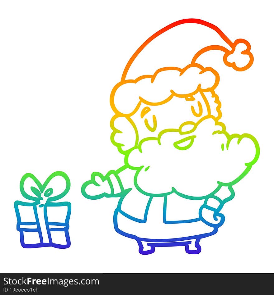 rainbow gradient line drawing of a santa claus with present