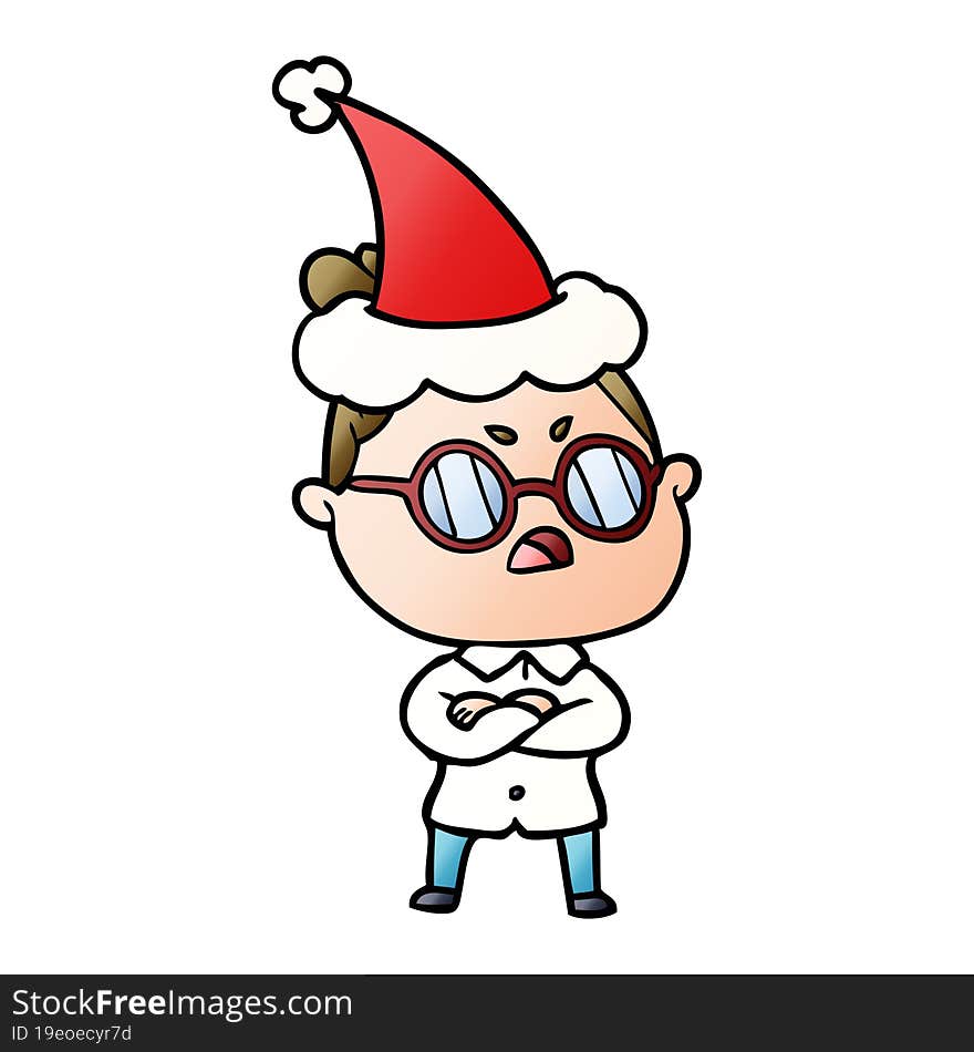 gradient cartoon of a annoyed woman wearing santa hat