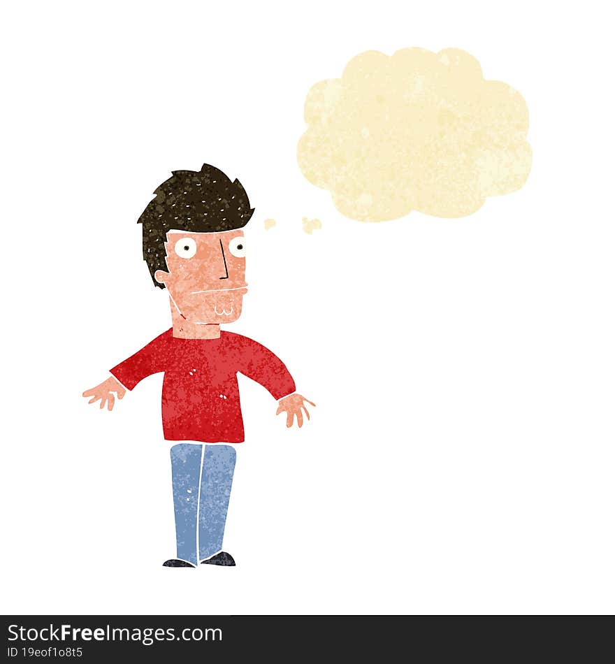 cartoon worried man with thought bubble