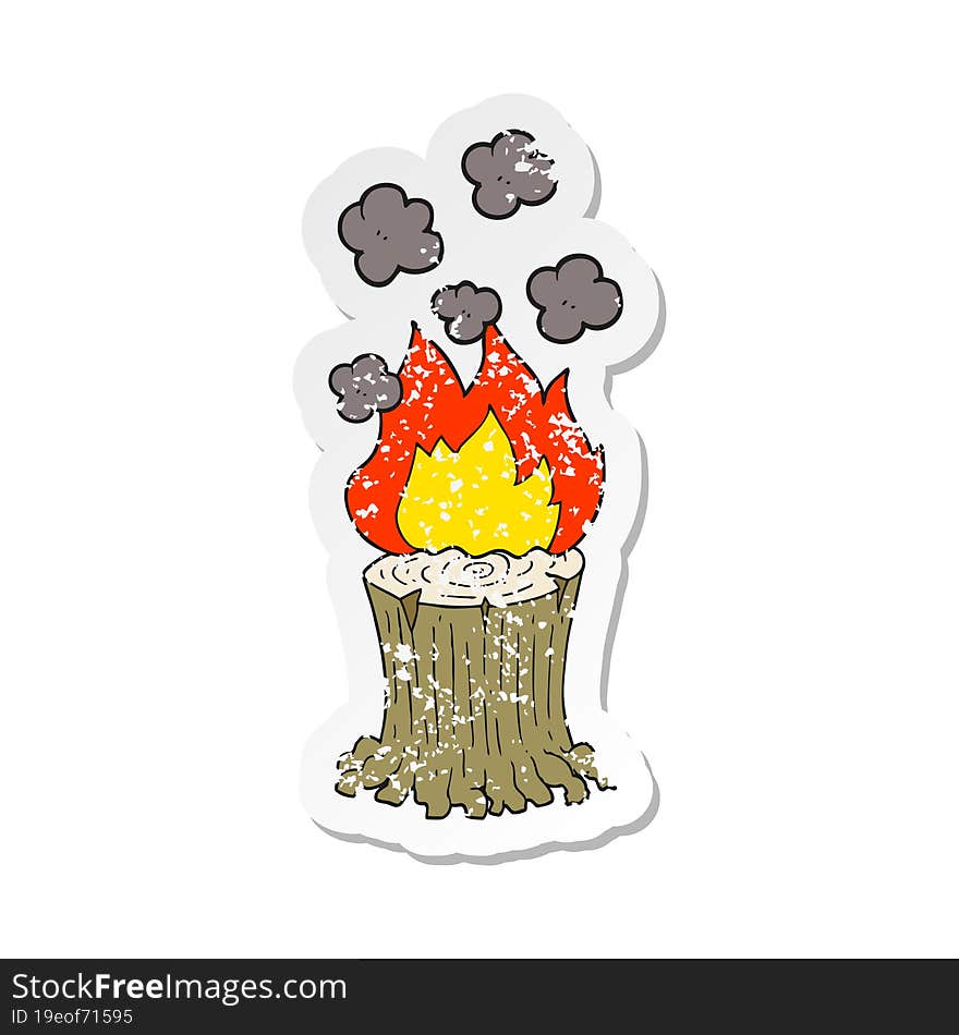 retro distressed sticker of a cartoon burning tree stump