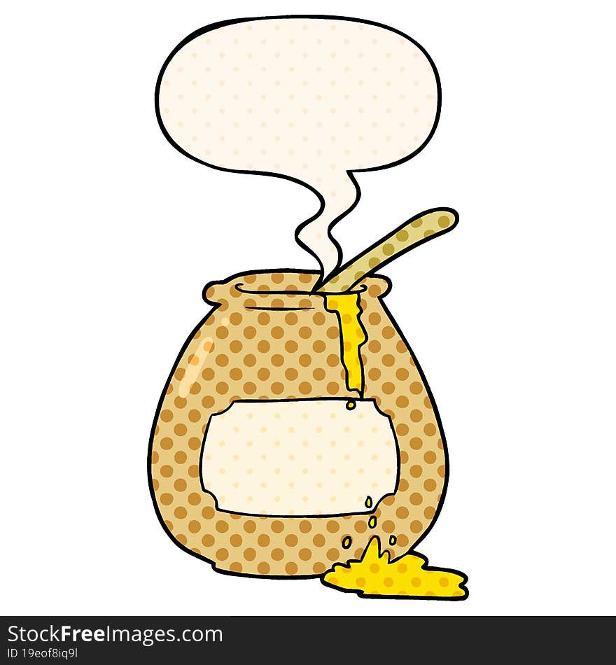 cartoon honey pot and speech bubble in comic book style