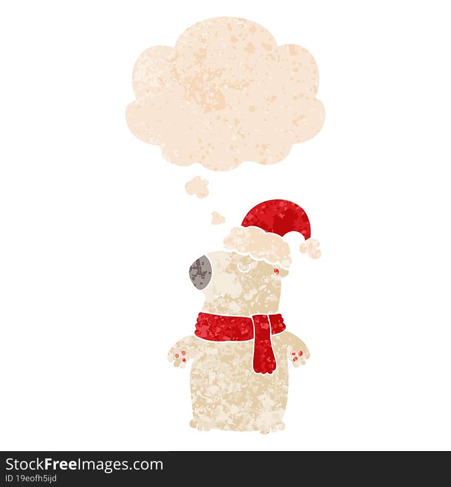 cute cartoon christmas bear and thought bubble in retro textured style