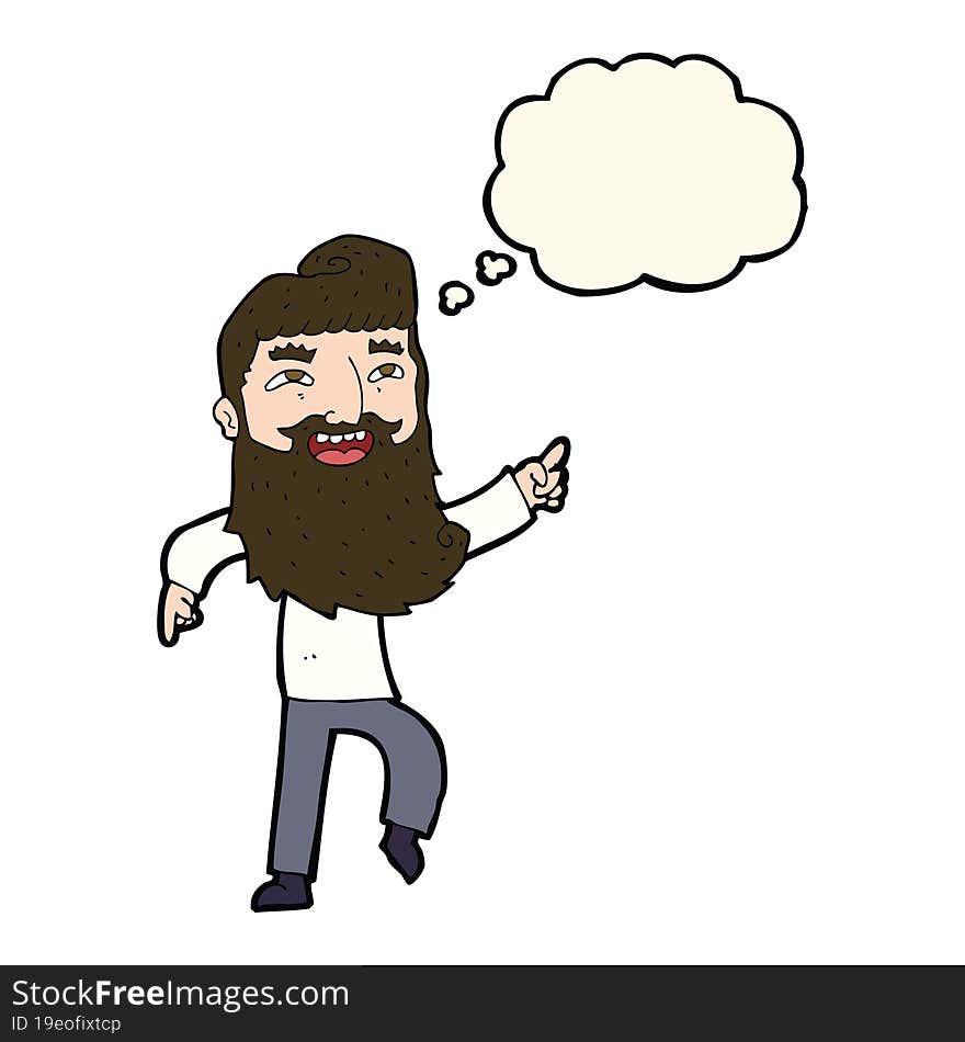 cartoon man with beard laughing and pointing with thought bubble