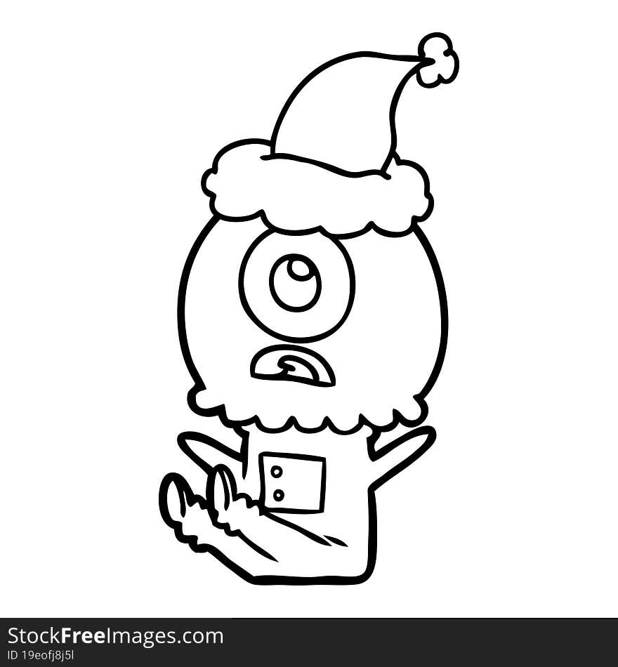 hand drawn line drawing of a cyclops alien spaceman wearing santa hat