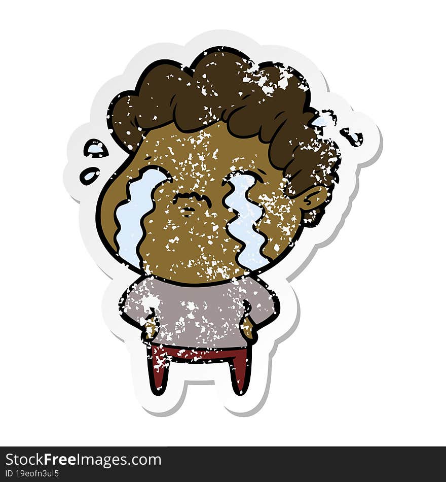 distressed sticker of a cartoon man crying