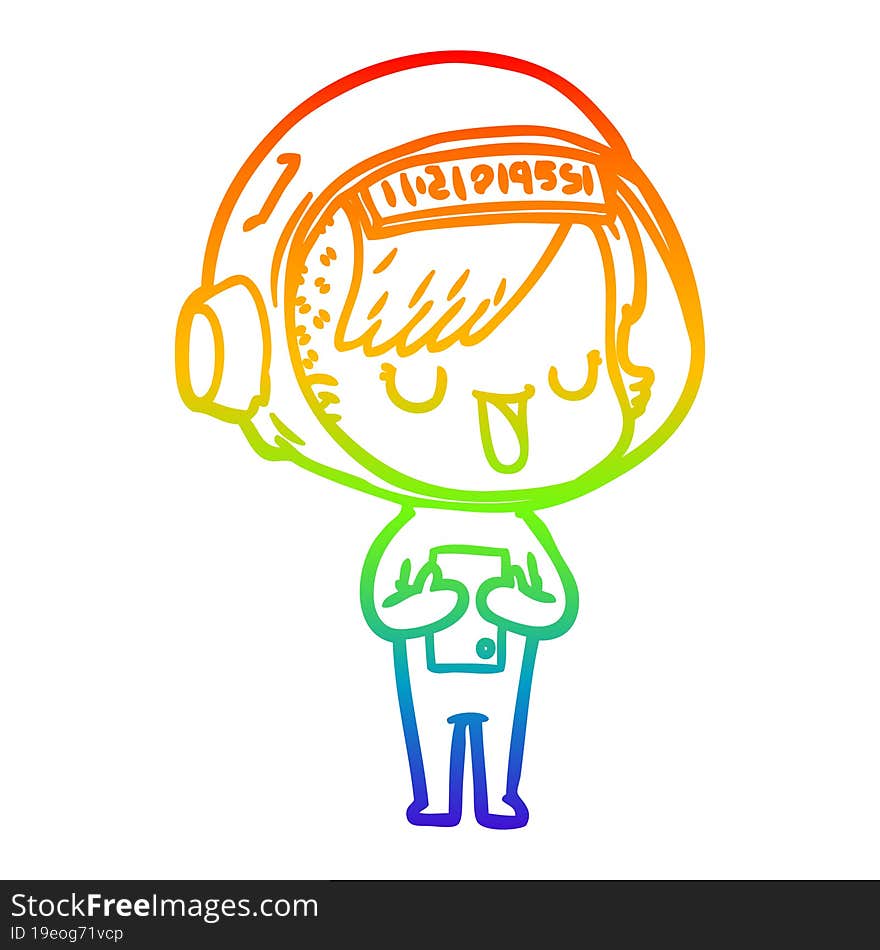 rainbow gradient line drawing of a cartoon astronaut woman