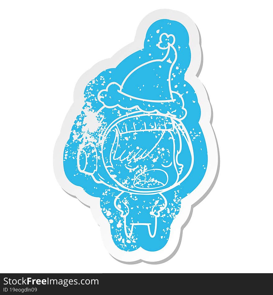 cartoon distressed sticker of a astronaut woman explaining wearing santa hat