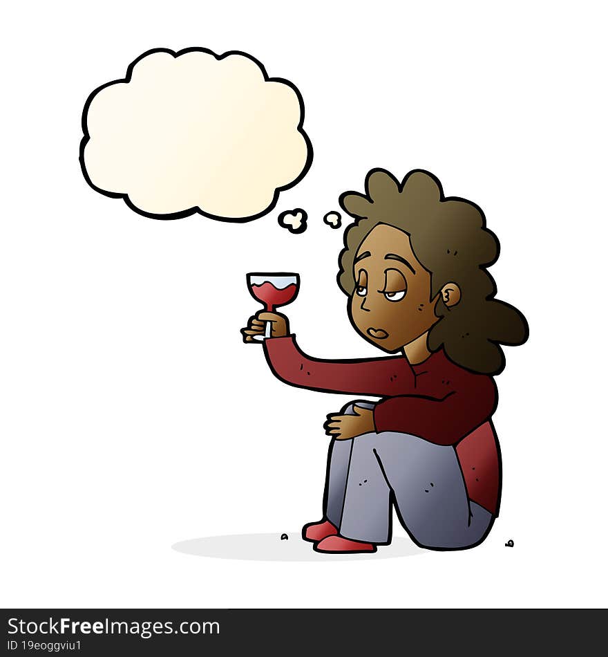 cartoon unhappy woman with glass of wine with thought bubble