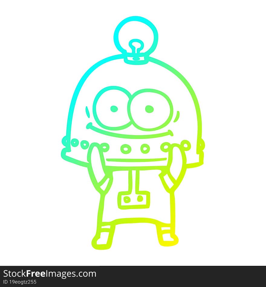 cold gradient line drawing of a happy carton robot with light bulb