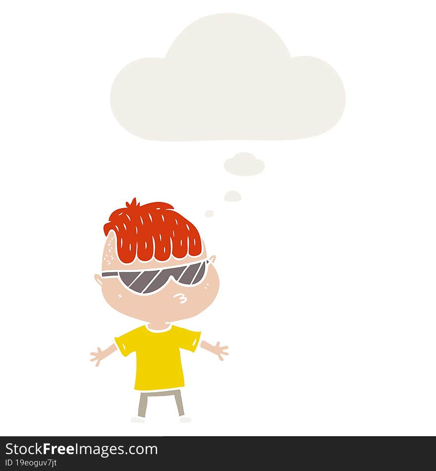 cartoon boy wearing sunglasses and thought bubble in retro style