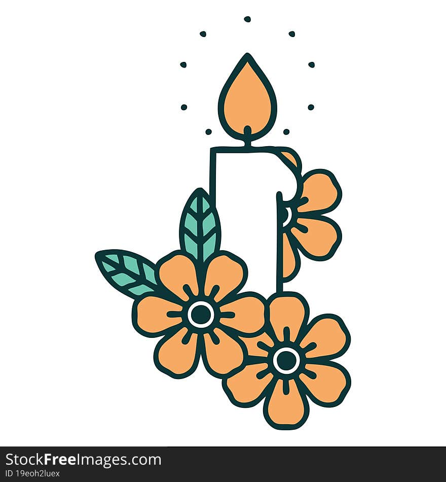 Tattoo Style Icon Of A Candle And Flowers