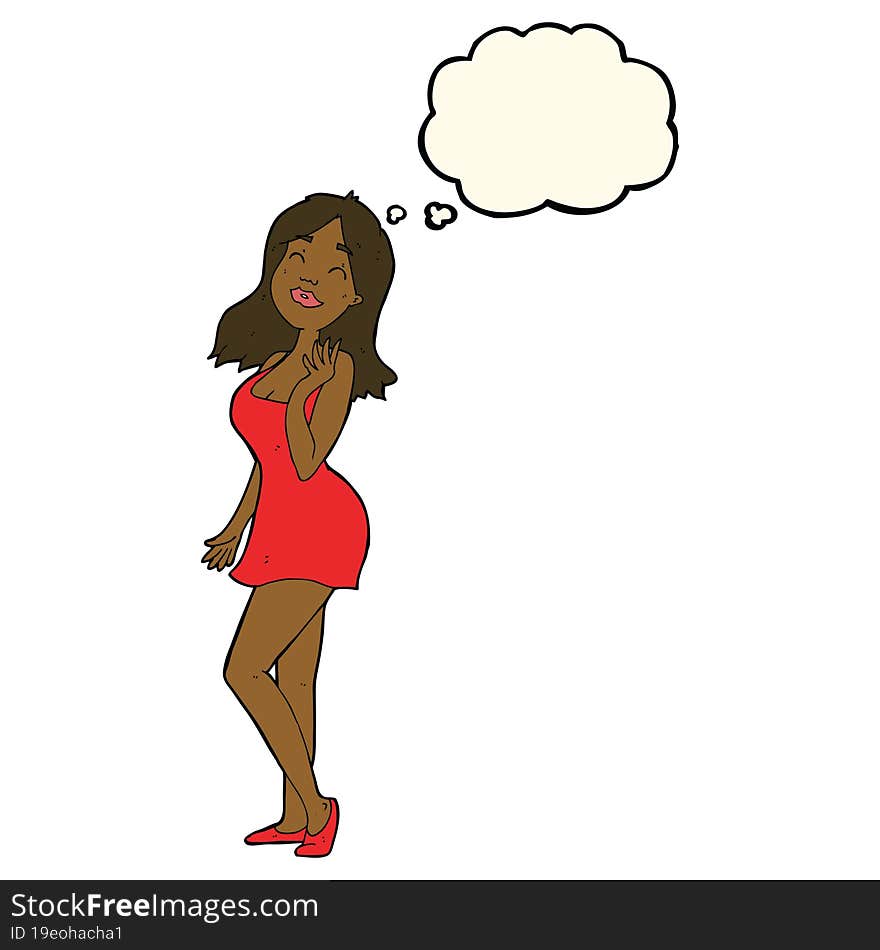 cartoon pretty woman in cocktail dress with thought bubble