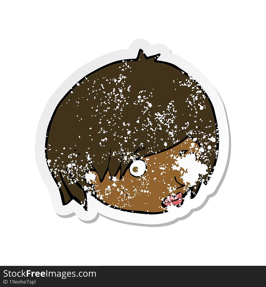 retro distressed sticker of a cartoon female face with raised eyebrow