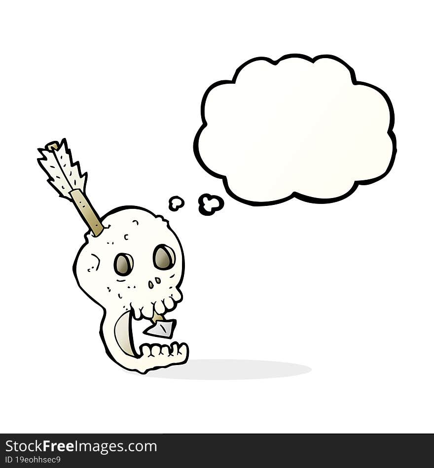 funny cartoon skull and arrow with thought bubble