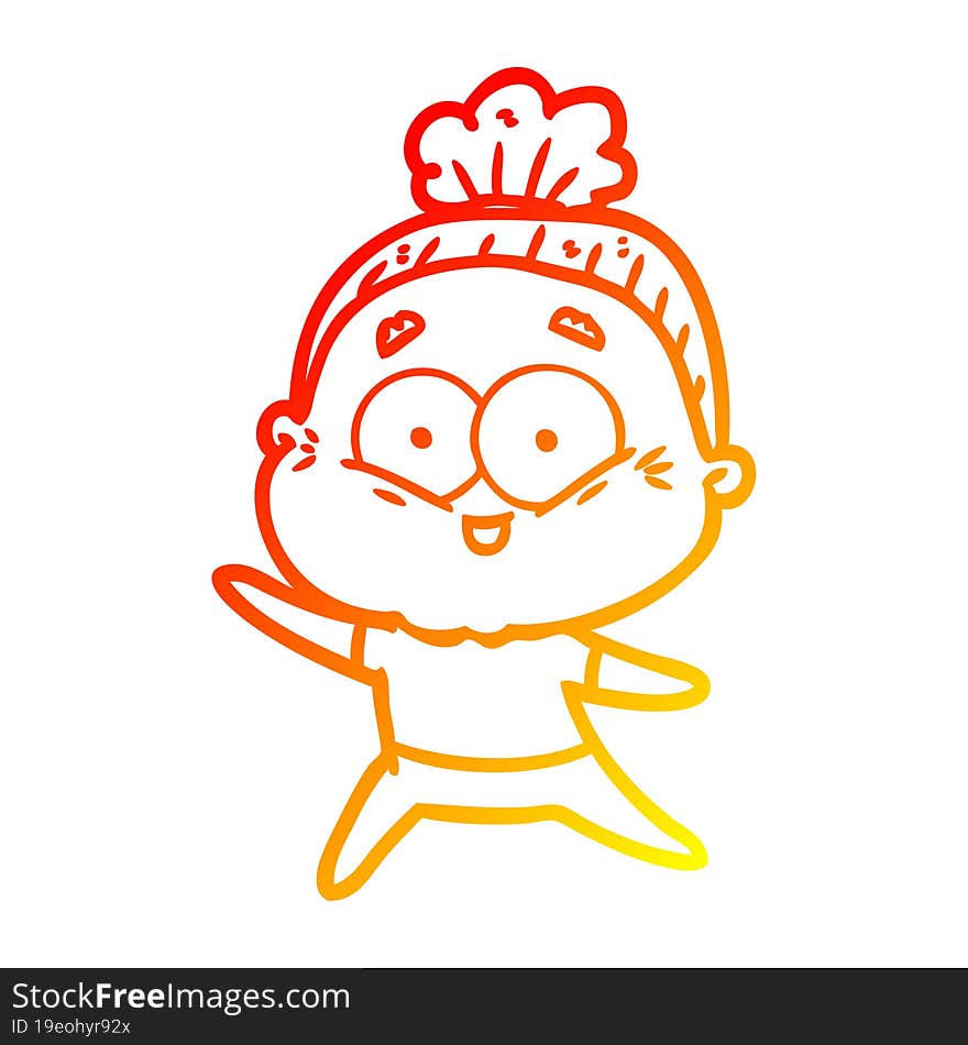 warm gradient line drawing of a cartoon happy old woman