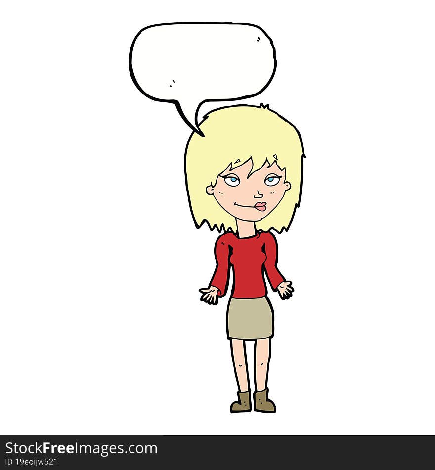 cartoon woman shrugging shoulders with speech bubble