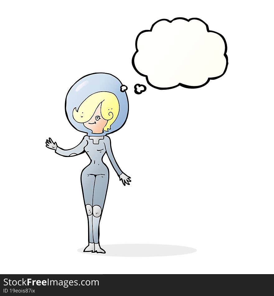 cartoon space woman with thought bubble