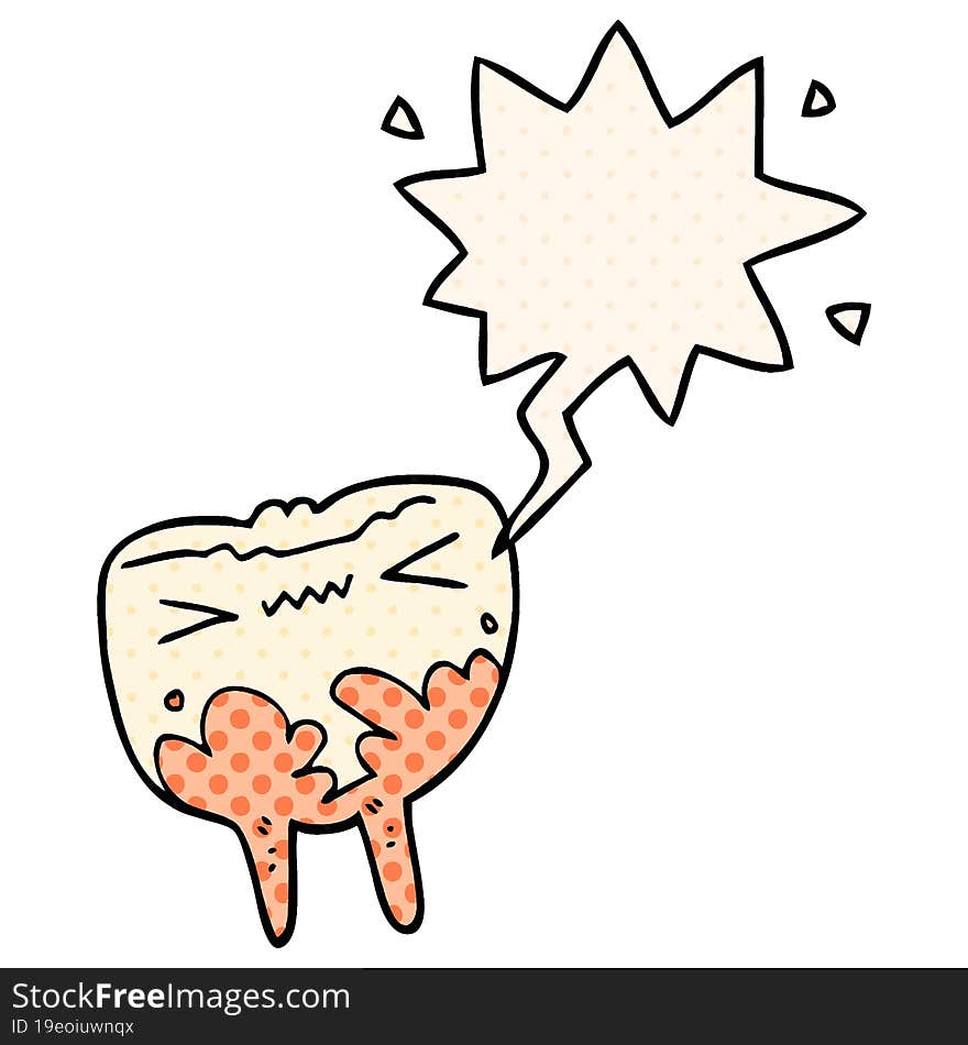 cartoon bad tooth and speech bubble in comic book style