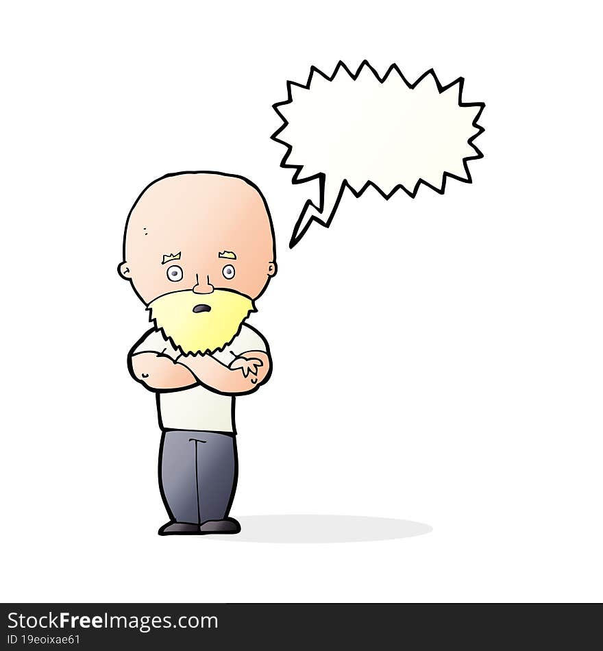 cartoon shocked bald man with beard with speech bubble