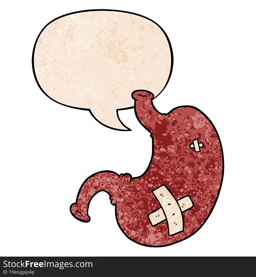 cartoon stomach and speech bubble in retro texture style