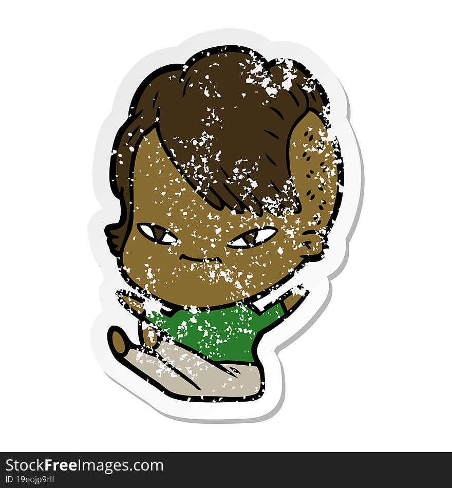 distressed sticker of a cute cartoon girl with hipster haircut