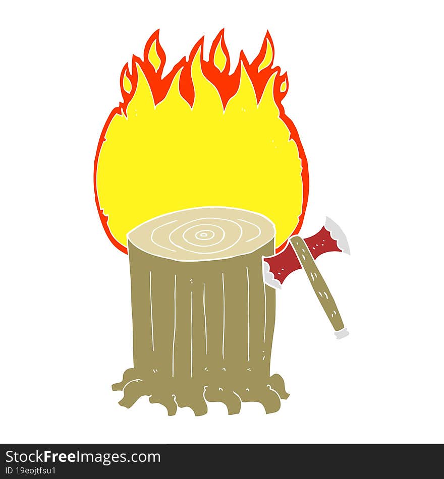 flat color illustration of a cartoon tree stump and axe