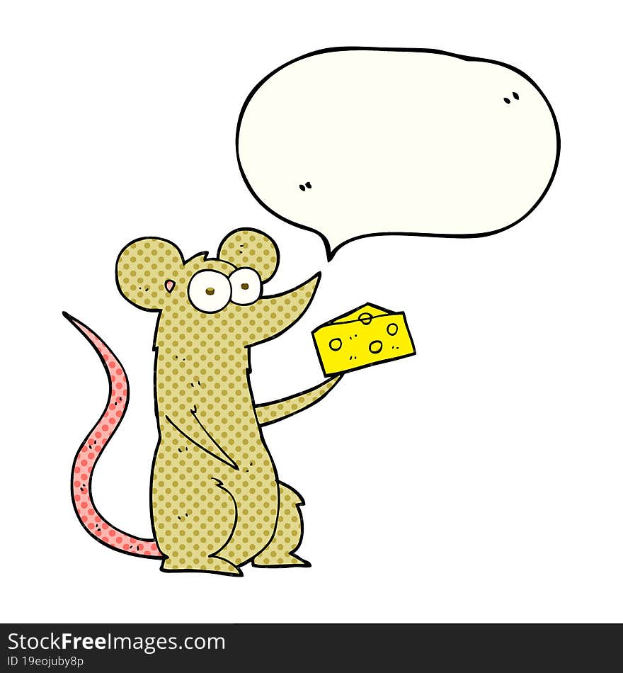 freehand drawn comic book speech bubble cartoon mouse with cheese