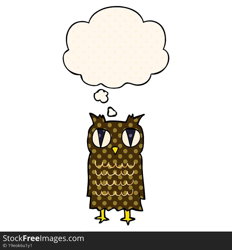 cartoon owl and thought bubble in comic book style