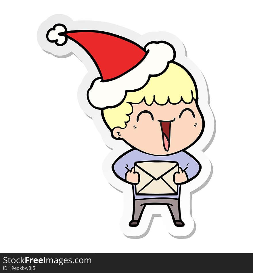 hand drawn sticker cartoon of a happy man wearing santa hat