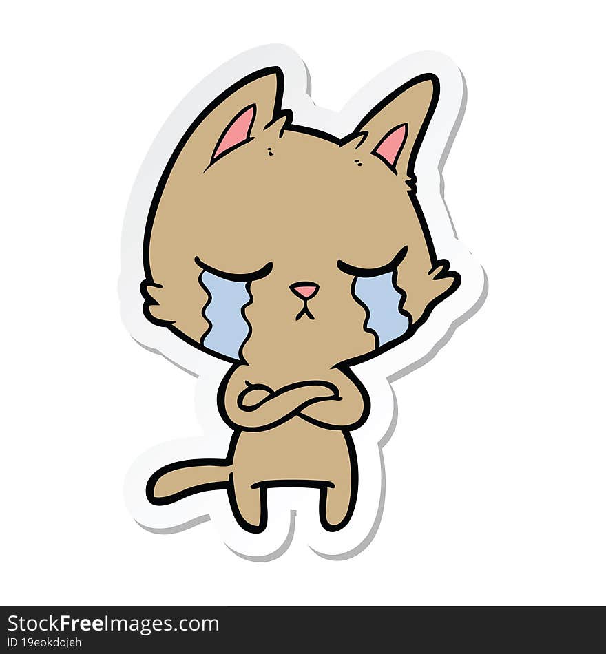 sticker of a crying cartoon cat with folded arms