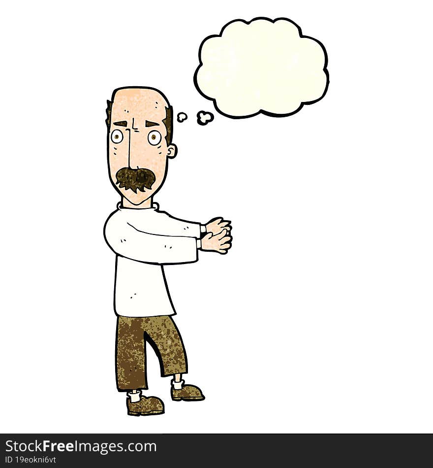 cartoon balding man explaining with thought bubble