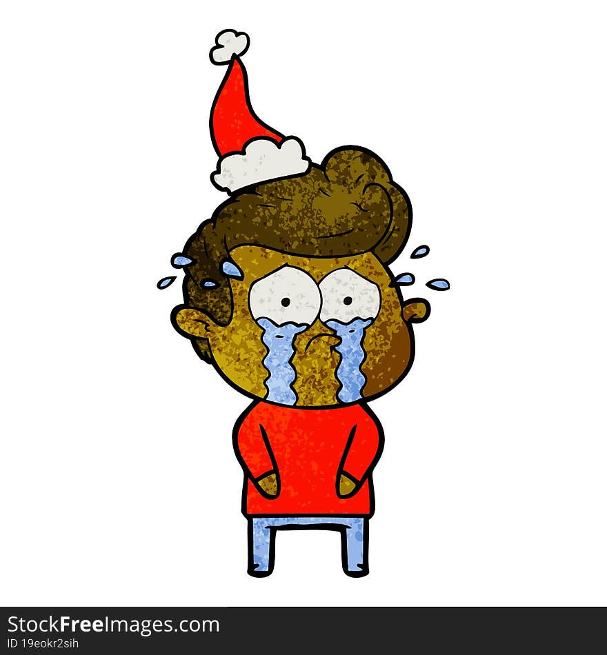 textured cartoon of a crying man wearing santa hat