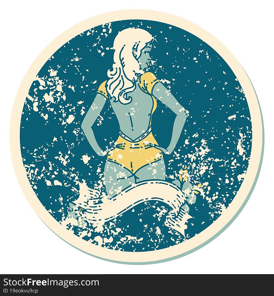 distressed sticker tattoo style icon of a pinup swimsuit girl with banner