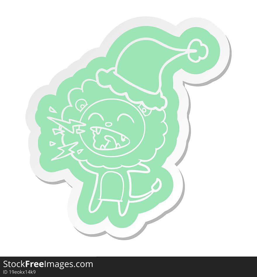 cartoon  sticker of a roaring lion wearing santa hat