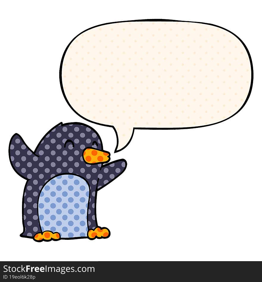 cartoon excited penguin and speech bubble in comic book style