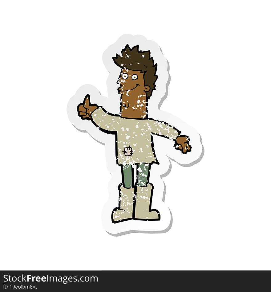 retro distressed sticker of a cartoon positive thinking man in rags