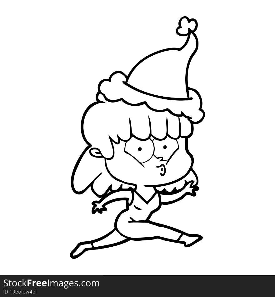 Line Drawing Of A Woman Running Wearing Santa Hat