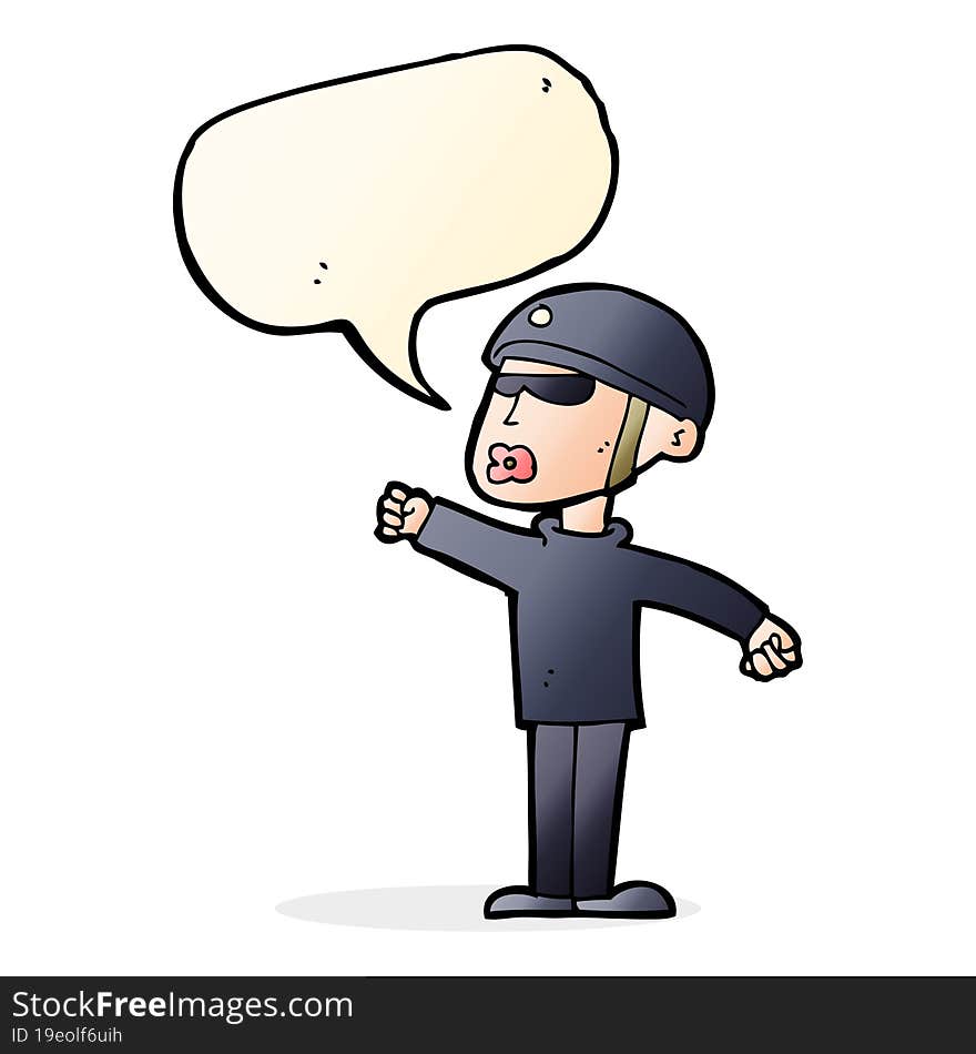 cartoon security guy with speech bubble