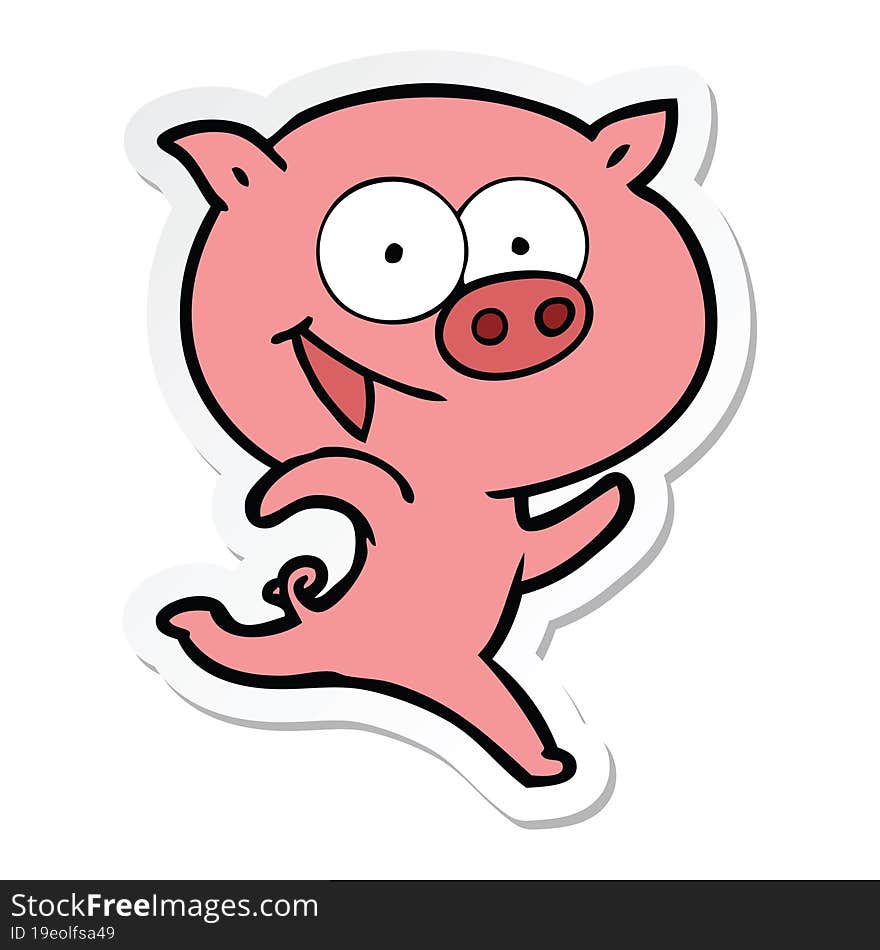 sticker of a cheerful running pig cartoon