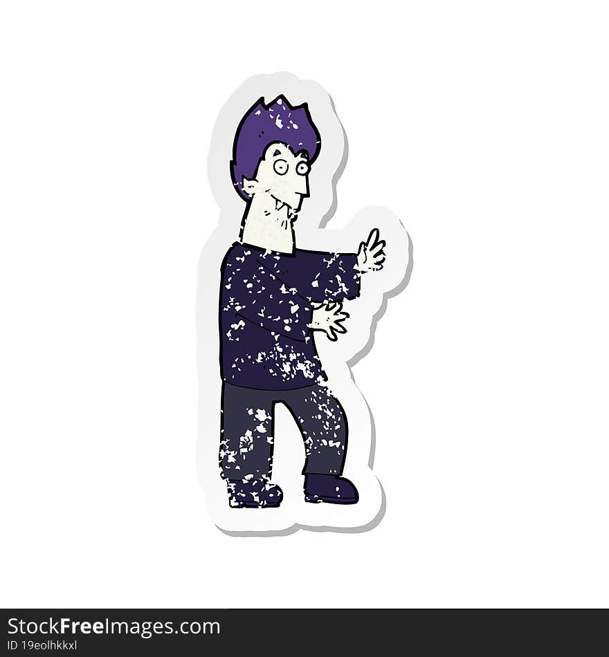 retro distressed sticker of a cartoon vampire waving hands