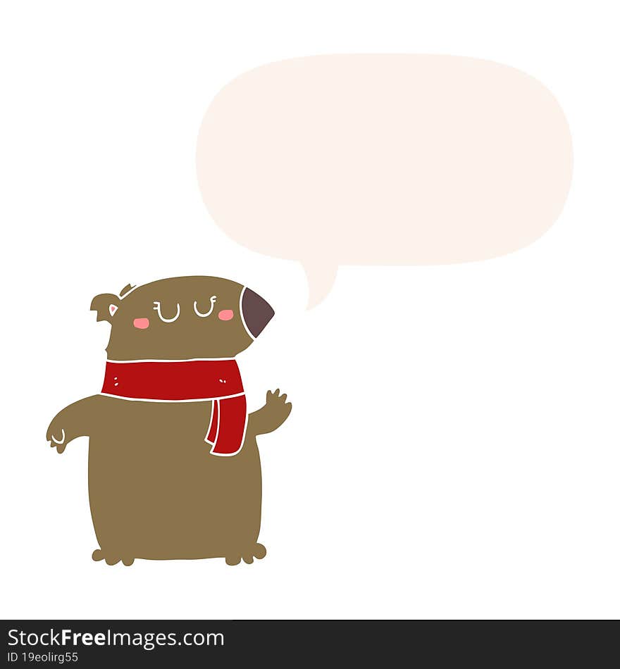 cartoon bear and scarf and speech bubble in retro style