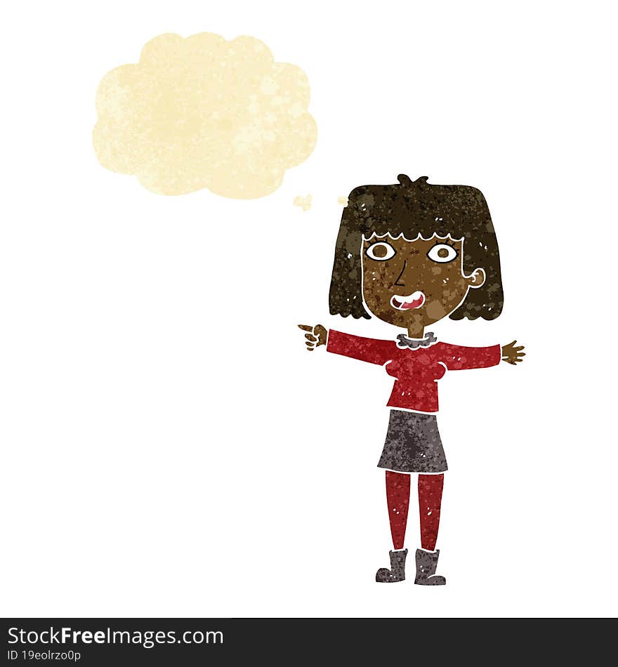 Cartoon Happy Woman Pointing With Thought Bubble