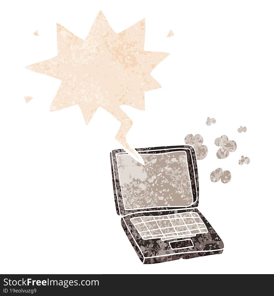 cartoon laptop computer with speech bubble in grunge distressed retro textured style. cartoon laptop computer with speech bubble in grunge distressed retro textured style