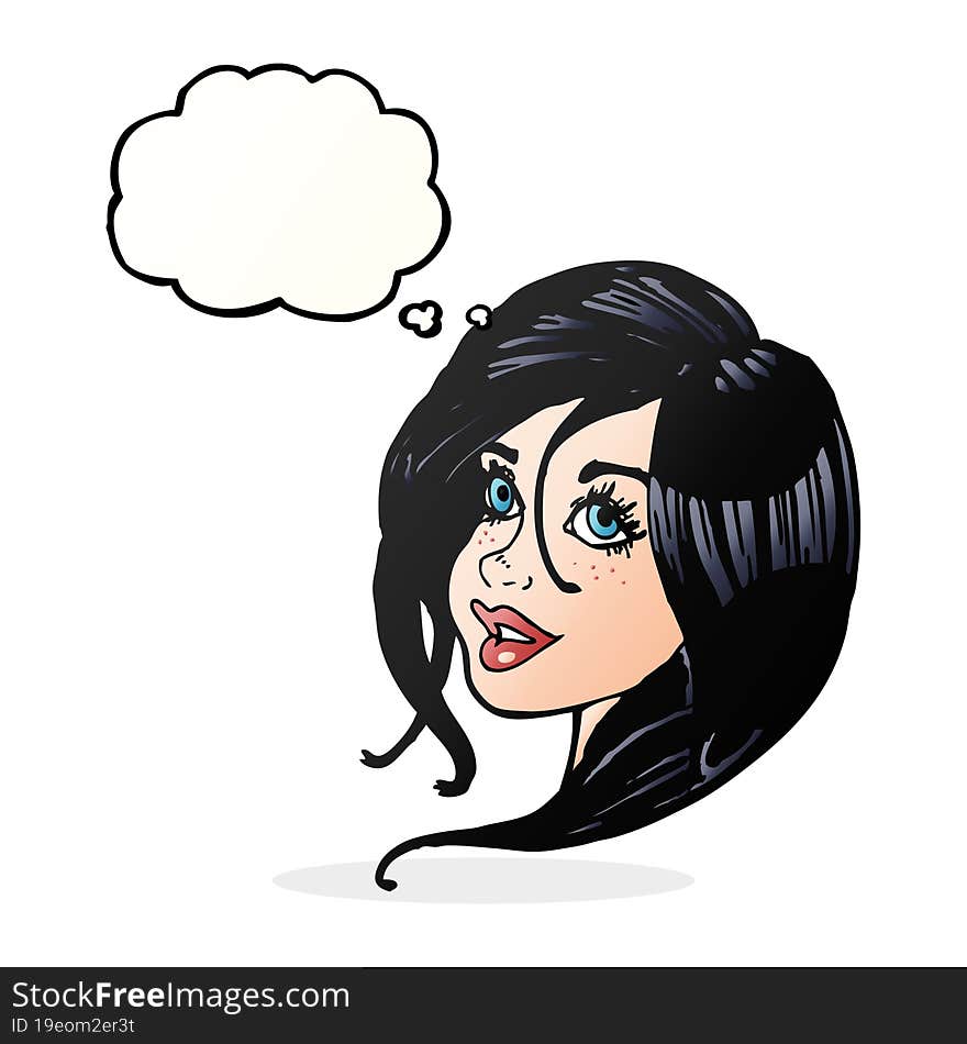 cartoon pretty female face with thought bubble