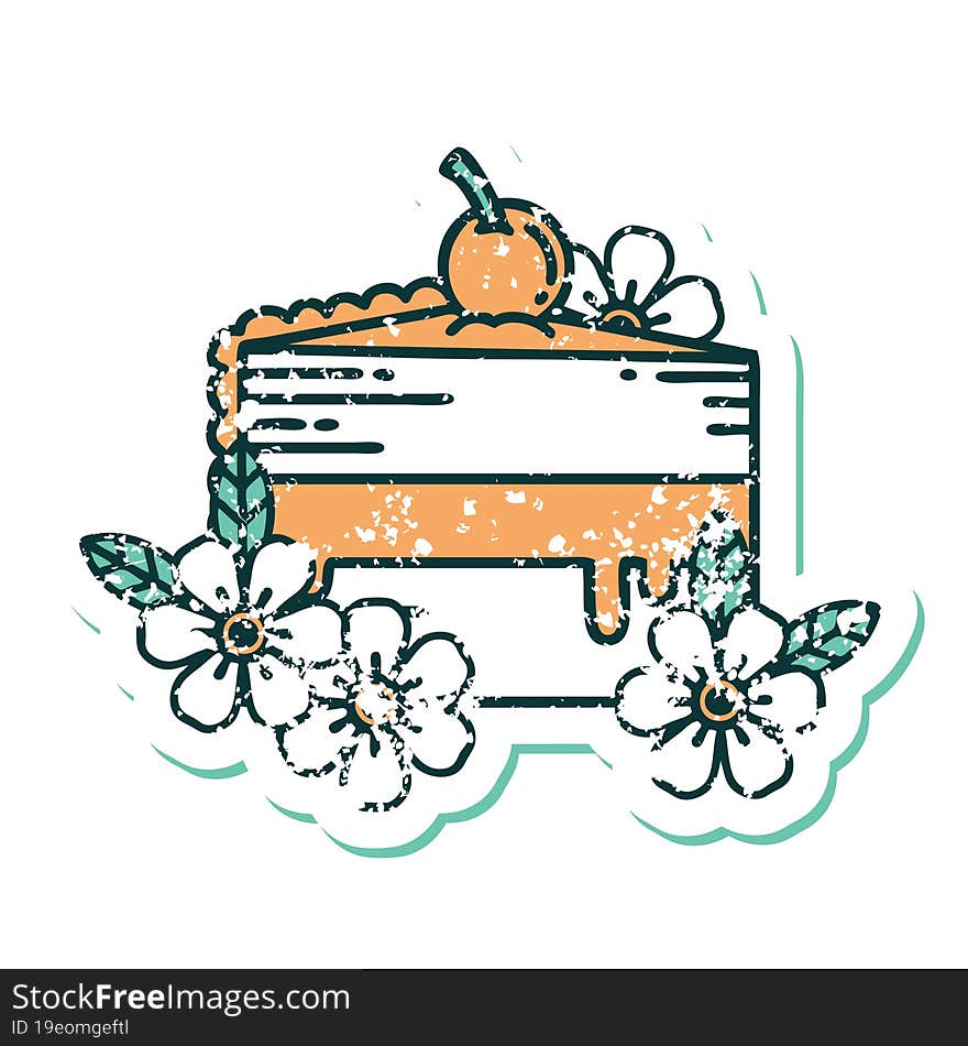 distressed sticker tattoo style icon of a slice of cake and flowers