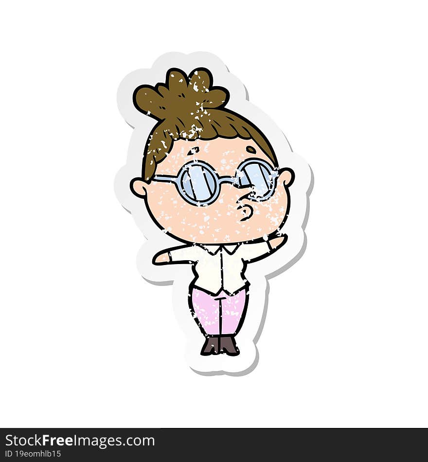 distressed sticker of a cartoon woman wearing glasses