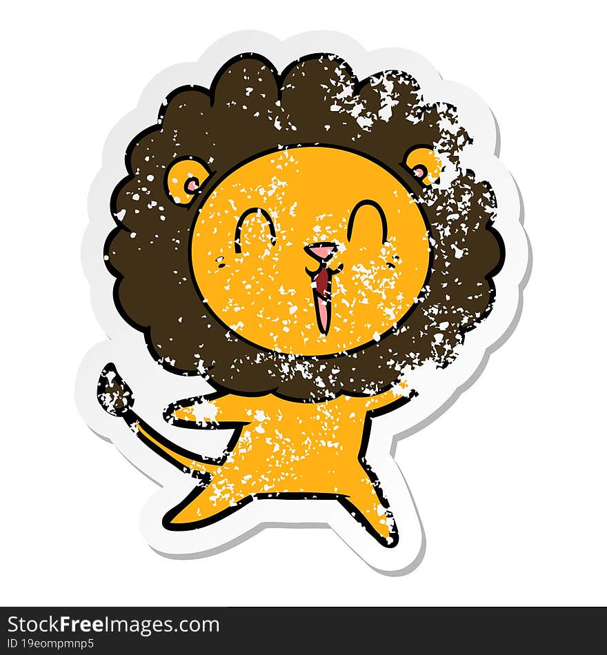 distressed sticker of a laughing lion cartoon