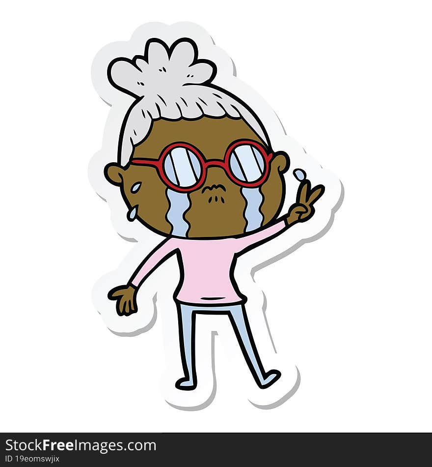 sticker of a cartoon crying woman wearing spectacles