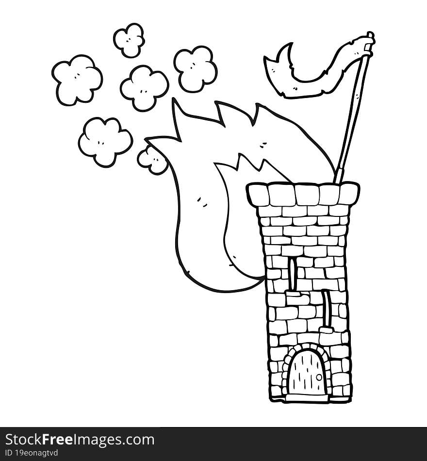 freehand drawn black and white cartoon old castle tower waving white flag